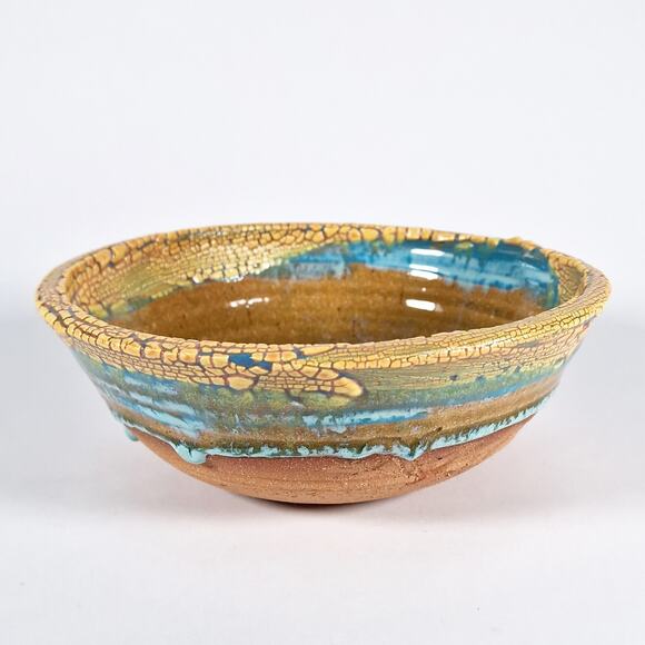 Cathy Veblen Anthro Pottery Bowl Yellow Turquoise Blue Corrales New Mexico 2007 - Picture 2 of 9